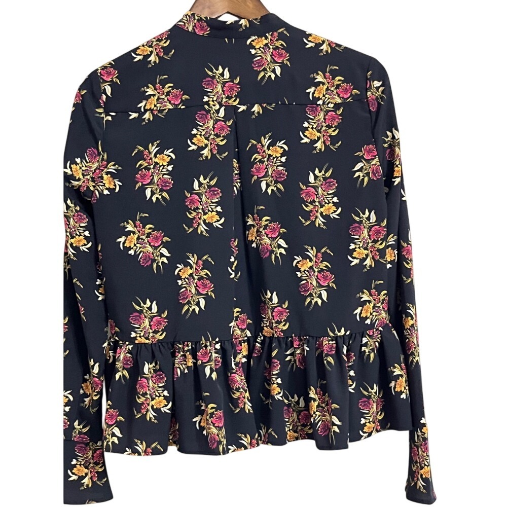 Thakoon Collective Floral Ruffle Blouse Long Sleeve Top Black‎ Size 0 - Picture 2 of 9